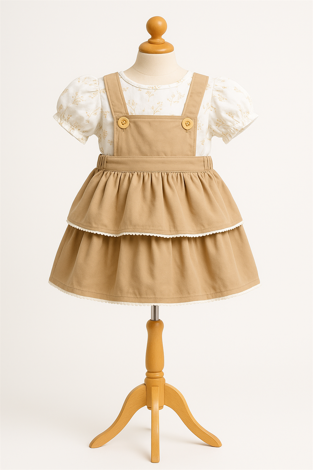 A cute baby girl's dress consisting of a white printed inner and beige pinafore, perfect for casual wear.