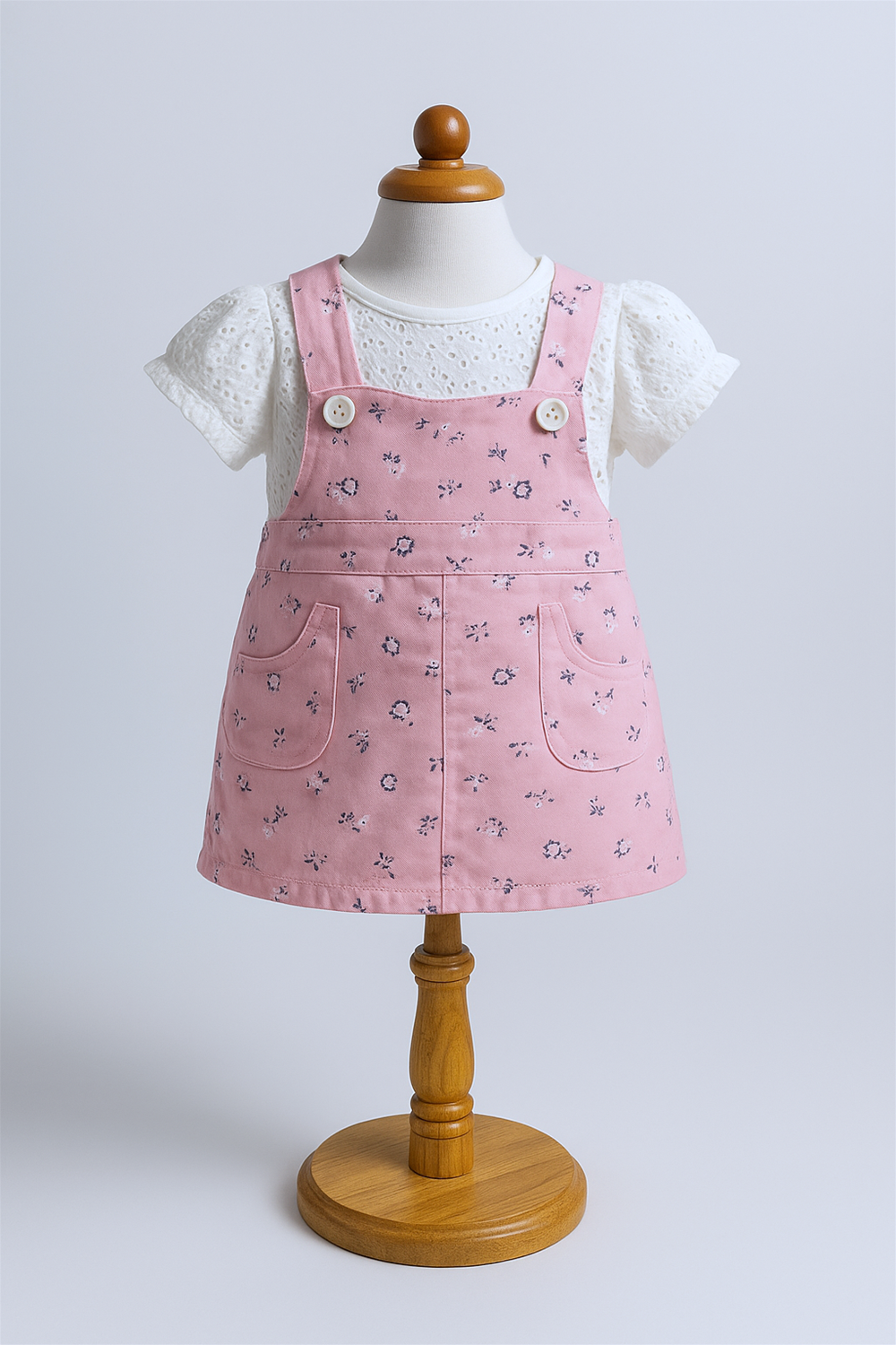A baby girl's pink floral pinafore dress layered over a white eyelet puff-sleeve top, displayed on a wooden mannequin stand. The studio-lit setup highlights the garment's texture, pattern, and design, perfect for product presentation.