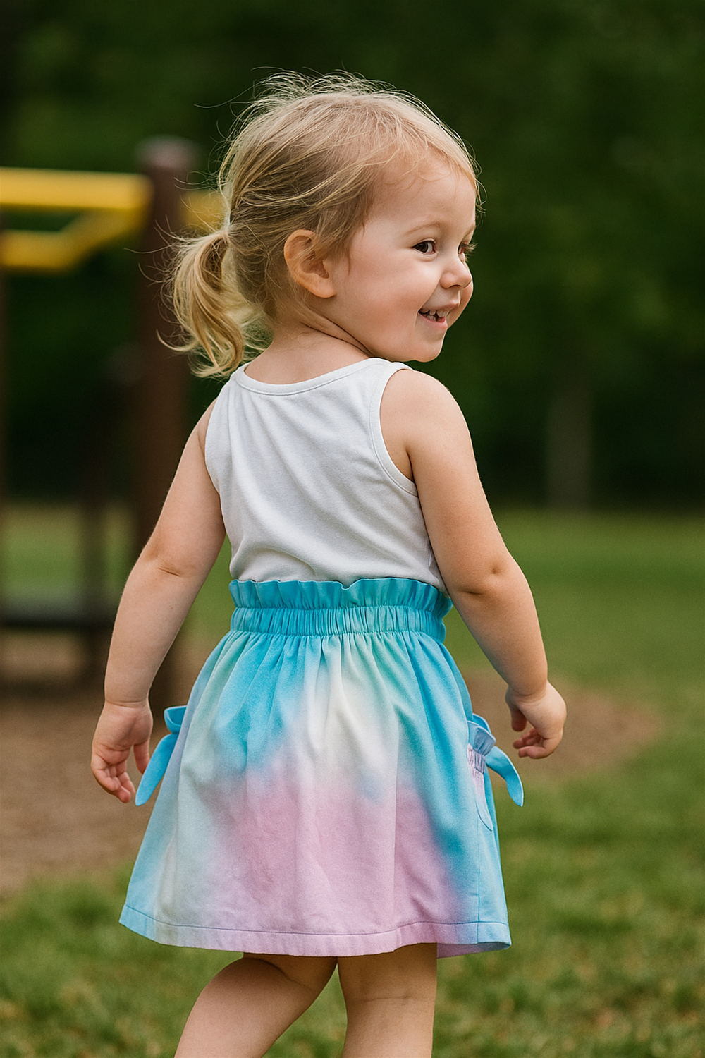 Smiling toddler girl outdoors in white tank top and colorful gradient skirt with bows, walking happily in a playground park.
