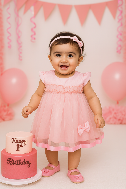 A toddler in a pink dress stands next to a decorated cake, celebrating their first birthday amidst pink balloons and streamers.