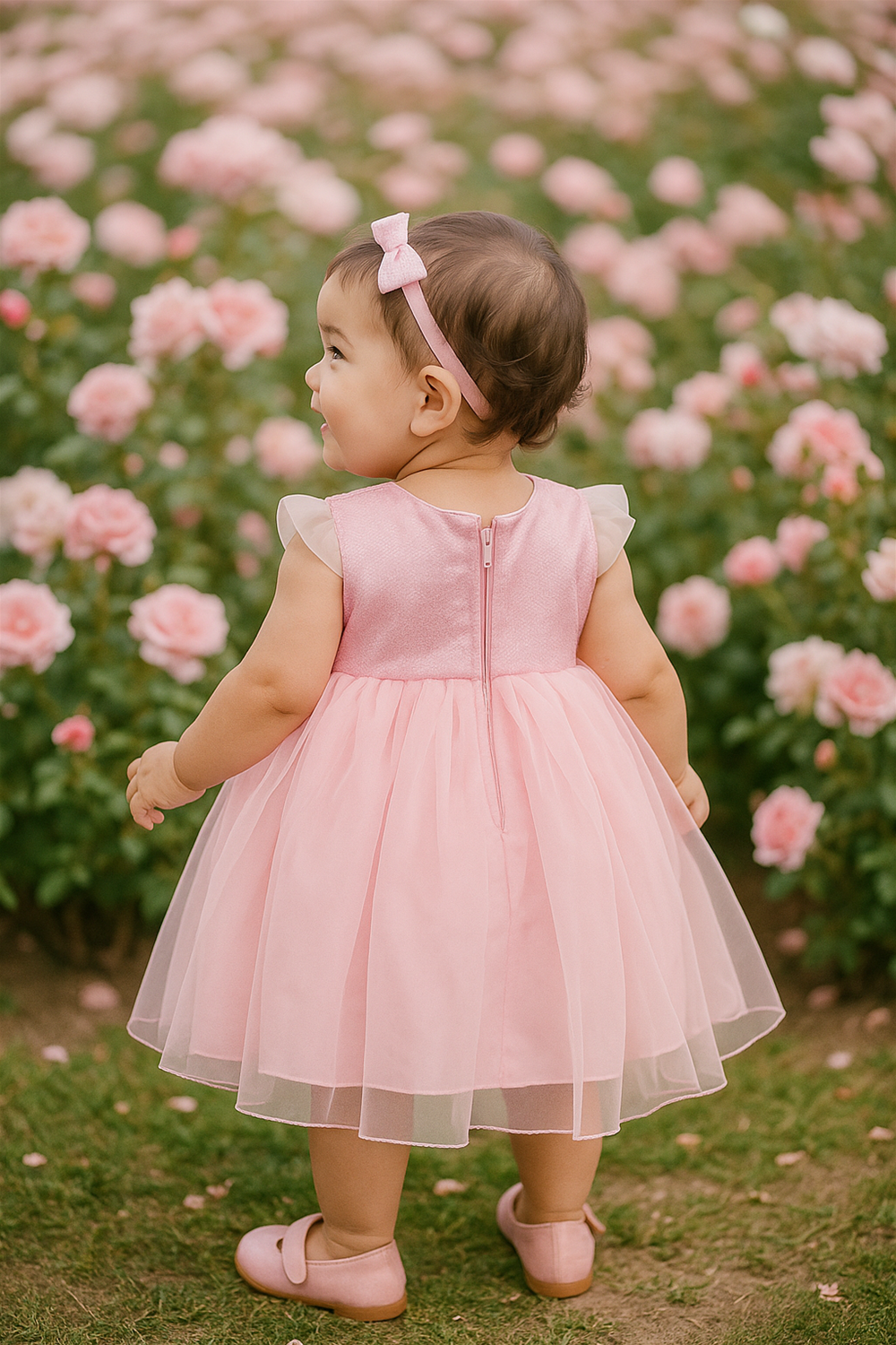 A baby girl wearing a white frock with sheer sleeves and a tulle skirt, standing outdoors among blooming white flowers.