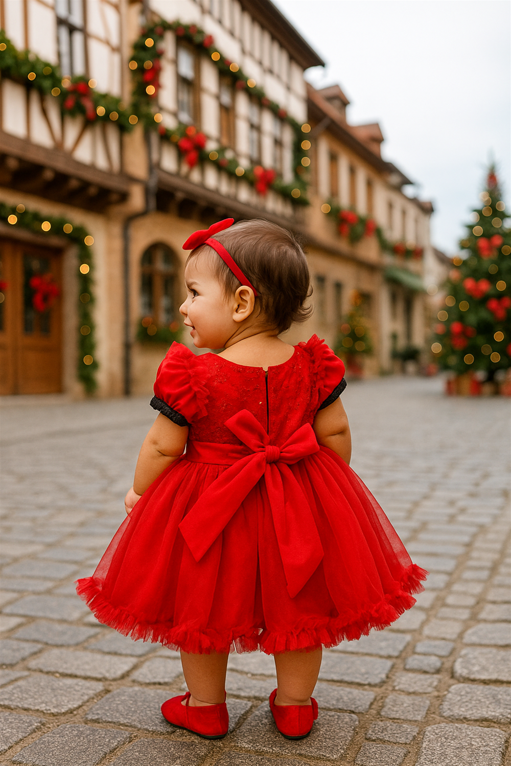 A baby wearing a festive red dress with a large bow walks down a decorated cobblestone street during Christmas.