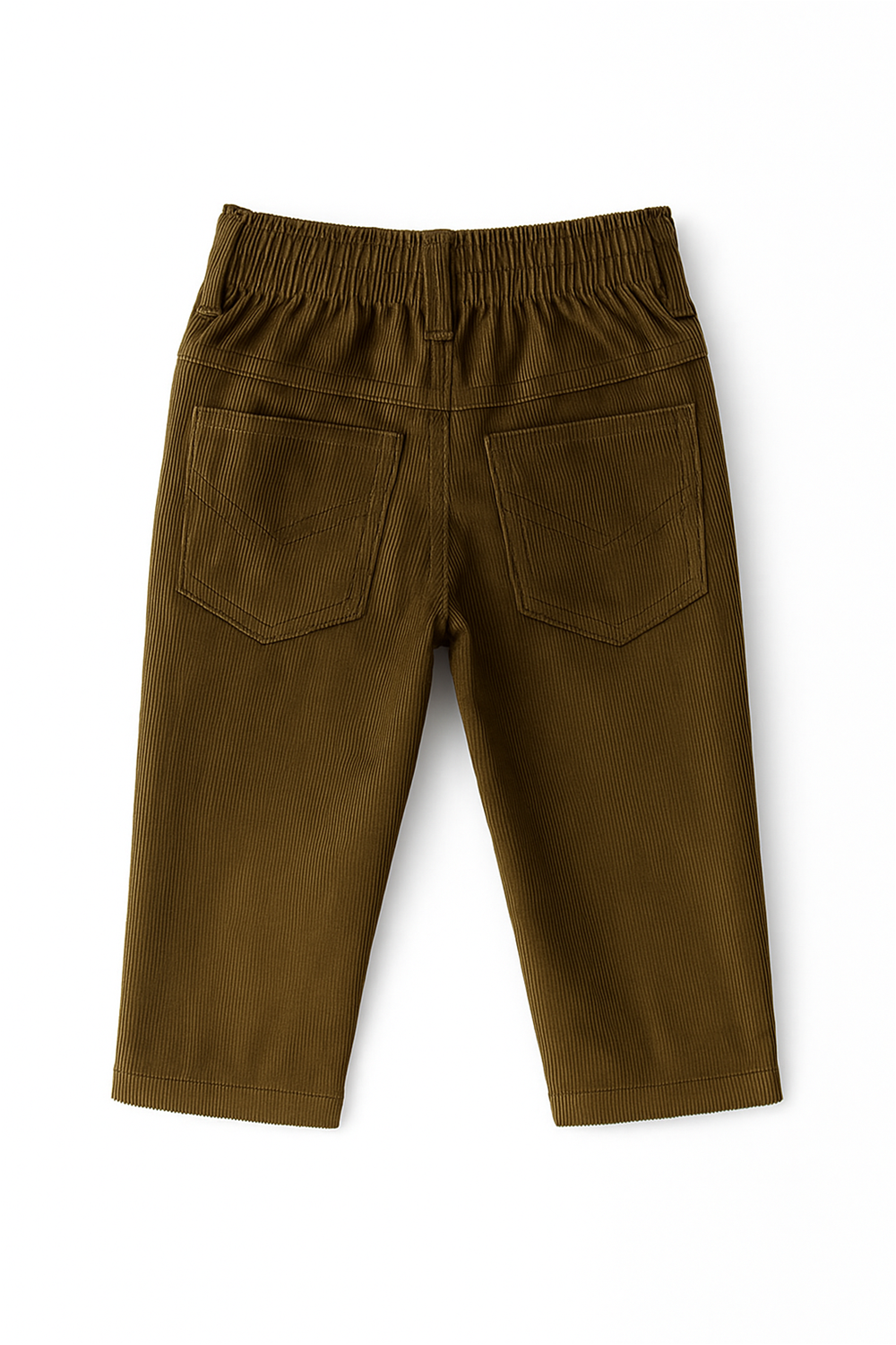 Back view of a pair of toddler boys’ dark olive green corduroy pants, laid flat on a white background. The pants feature an elasticated waistband for comfort and flexibility, two back patch pockets with subtle stitched detailing, and fine vertical corduroy ridges throughout the fabric..