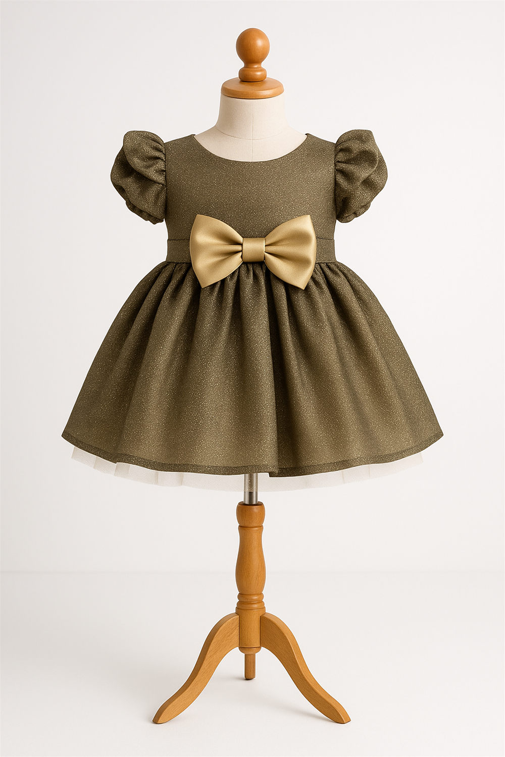 Golden glitter party dress on mannequin with puff sleeves and satin bow, displayed against plain studio white background.