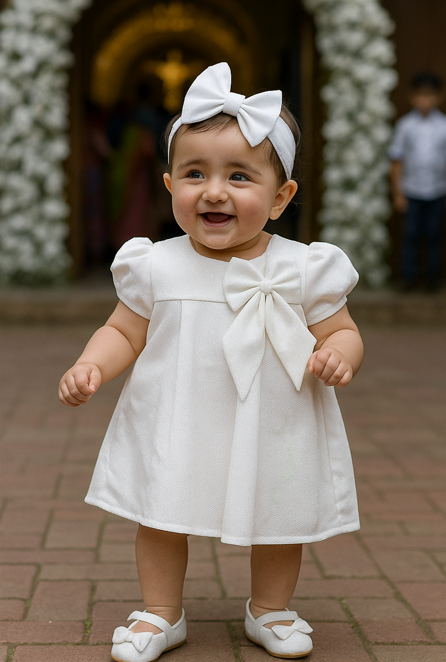 A baby in a delicate white dress and a white bow, looking joyful while seated on a plush background.