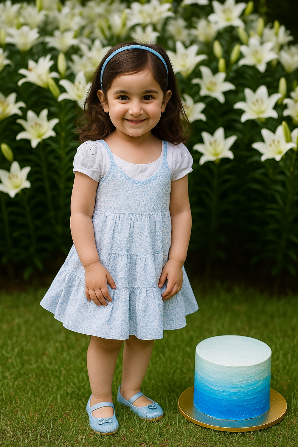 This charming sky-blue tiered frock features delicate floral patterns and puff sleeves, perfect for joyful outdoor celebrations. Styled with a matching headband and shoes, it adds a sweet, coordinated look for little girls.
