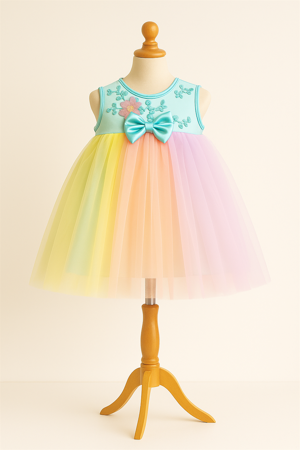 A baby girl in a sea green alter neck dress with a colorful net skirt and a matching bow.
