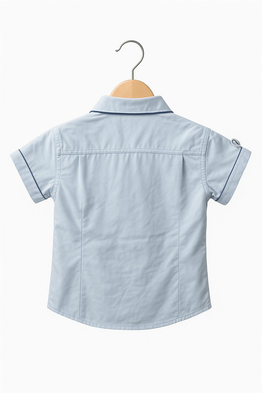A blue half-sleeve shirt with a normal collar and buttons down the front.