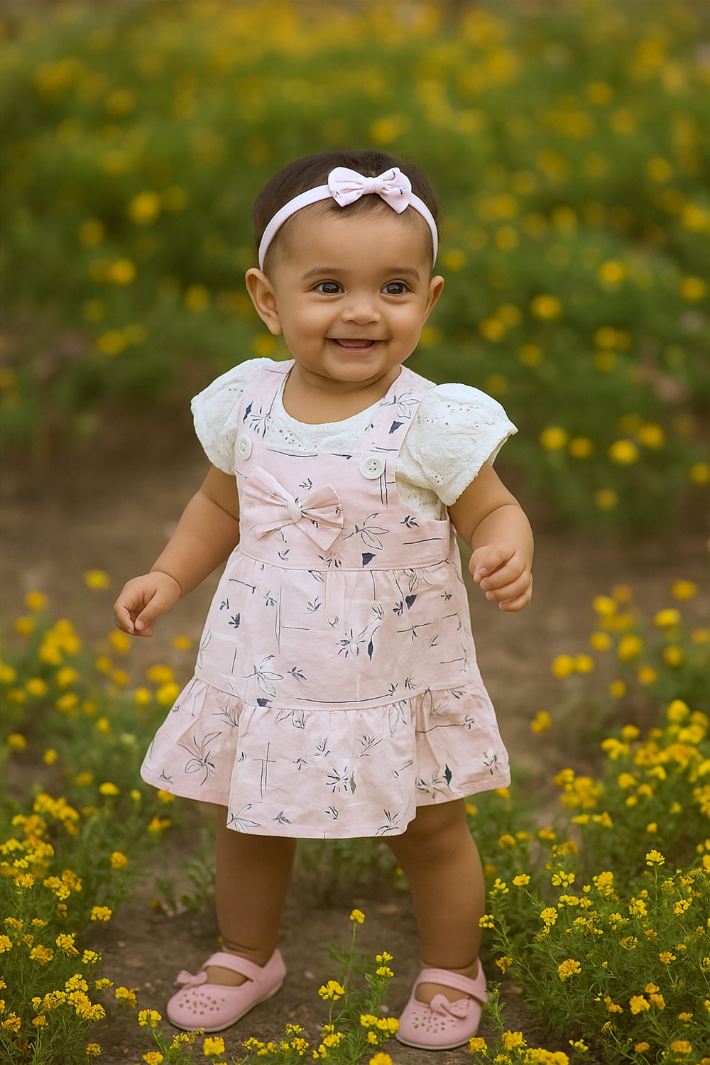 A smiling baby girl stands gracefully in a blooming yellow flower garden, dressed in a soft pink pinafore dress with a bow detail and white puff-sleeve inner top. Her look is completed with matching pink shoes and a pink headband, radiating charm and innocence amidst nature.
