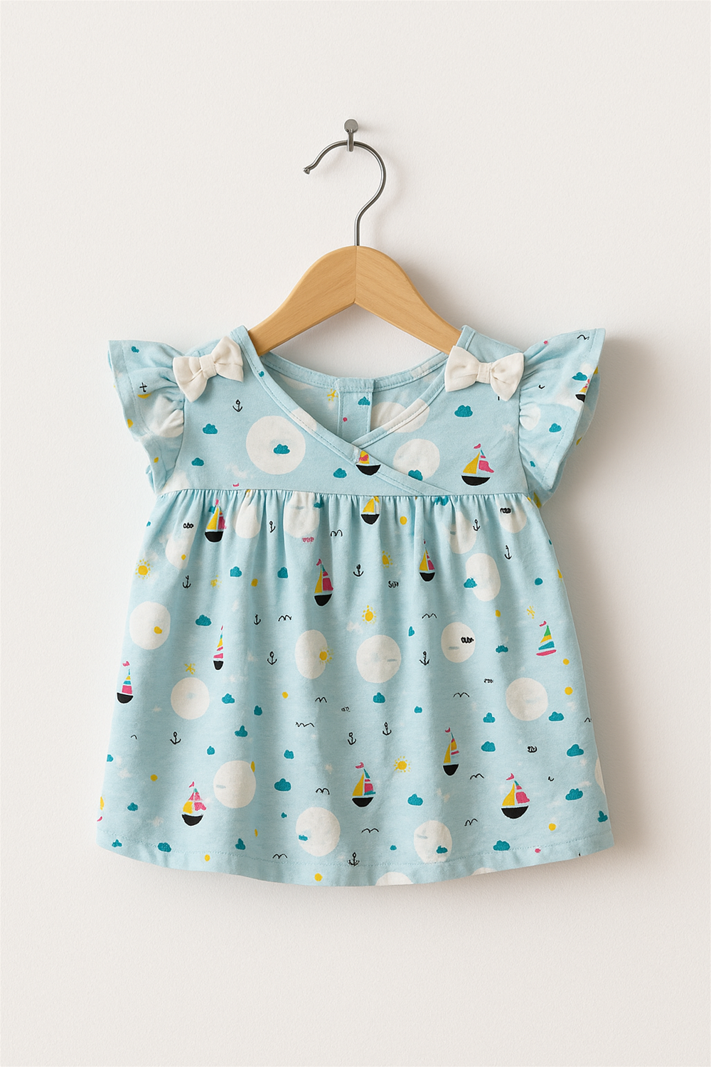 Front view dress on hanger – Sky-blue baby dress with short flutter sleeves, two shoulder bows, playful sailboat print, displayed neatly on wooden hanger.