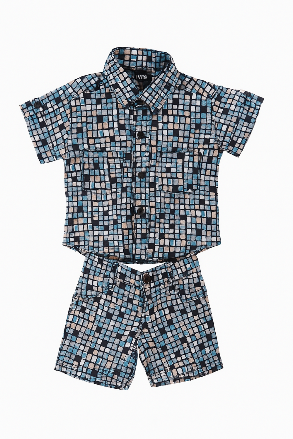 Front view of boy’s co-ord set with button-down collared shirt and matching shorts, patterned in blue square checks.