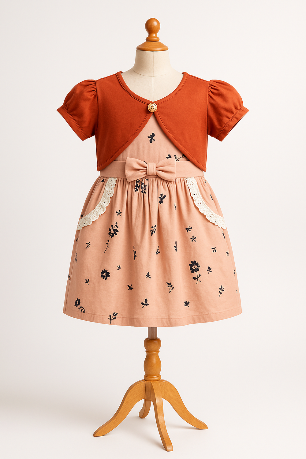 A delightful little girl's dress with a decorative bow and vibrant floral designs, ideal for springtime wear. In a foam mannequin.