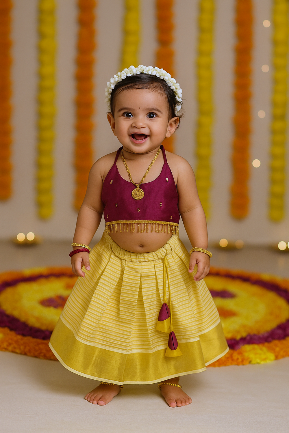 A cheerful baby girl stands barefoot, smiling brightly in her maroon halter top and yellow striped skirt. Behind her, colorful marigold garlands and glowing festive lights create a vibrant backdrop.