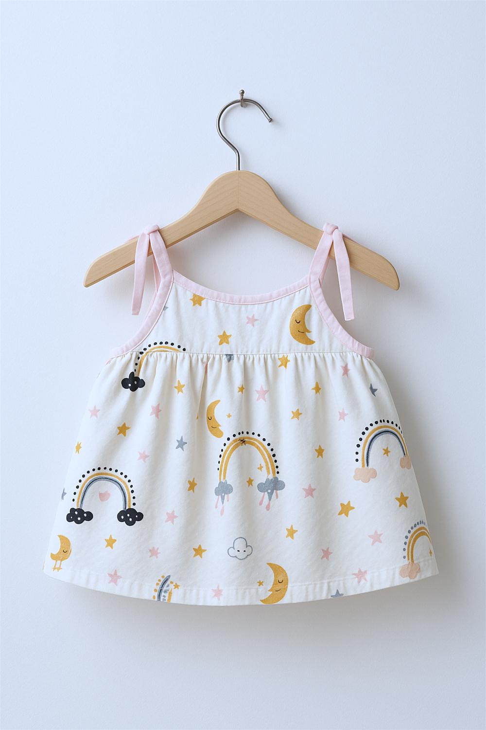 A sleeveless baby dress with a pastel moon and rainbow print hangs on a wooden hanger against a soft white wall. The dress features pink tie-up shoulder straps and a gathered neckline for a charming and delicate look.