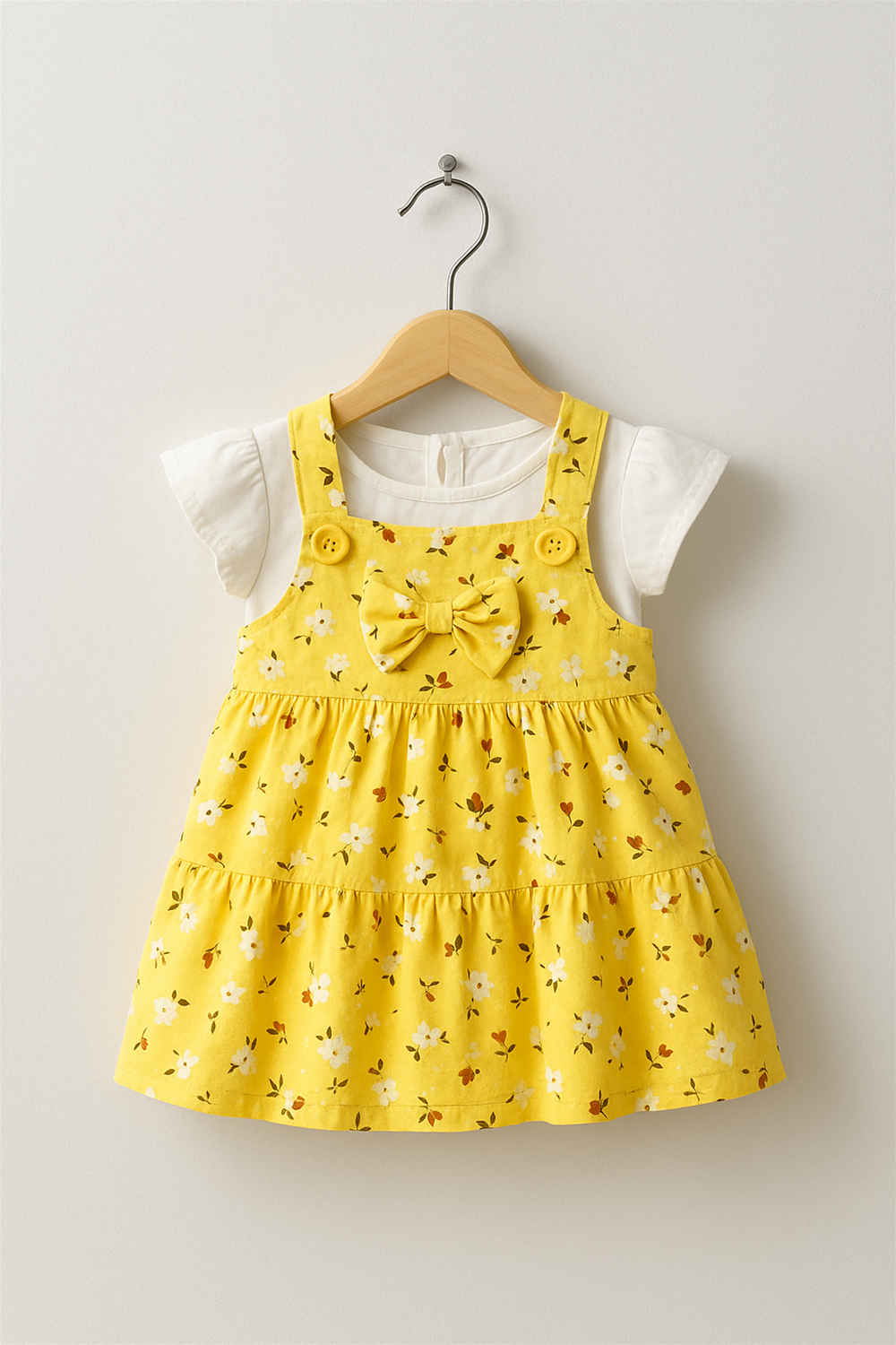 A cheerful yellow floral baby dress with a front bow is neatly displayed on a wooden hanger. Paired with a white puff-sleeve inner top, the dress is perfect for a bright and joyful toddler outfit.