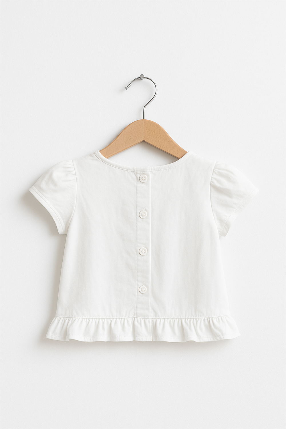 Back view of white cotton top with button-down closure and ruffle hem, neatly hung on wooden hanger.