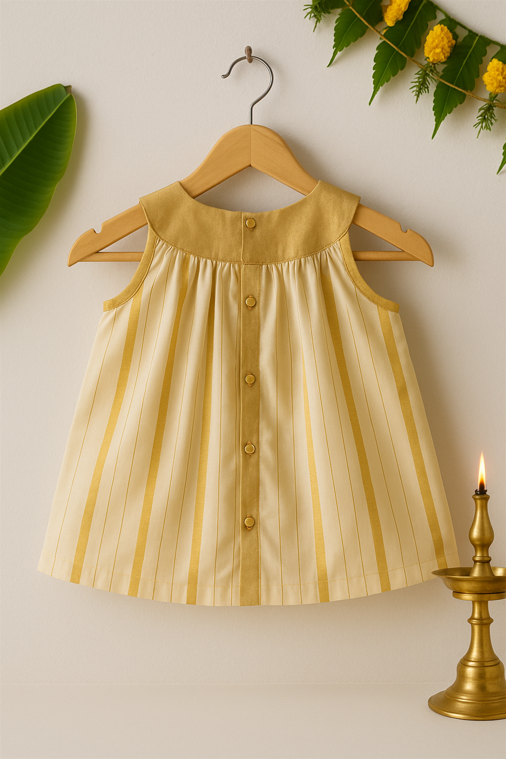 Dress on Wooden Hanger (back view): A cream and gold striped baby frock with buttoned back detailing hangs neatly on a wooden hanger. The festive background with marigold flowers and brass lamp adds cultural richness.