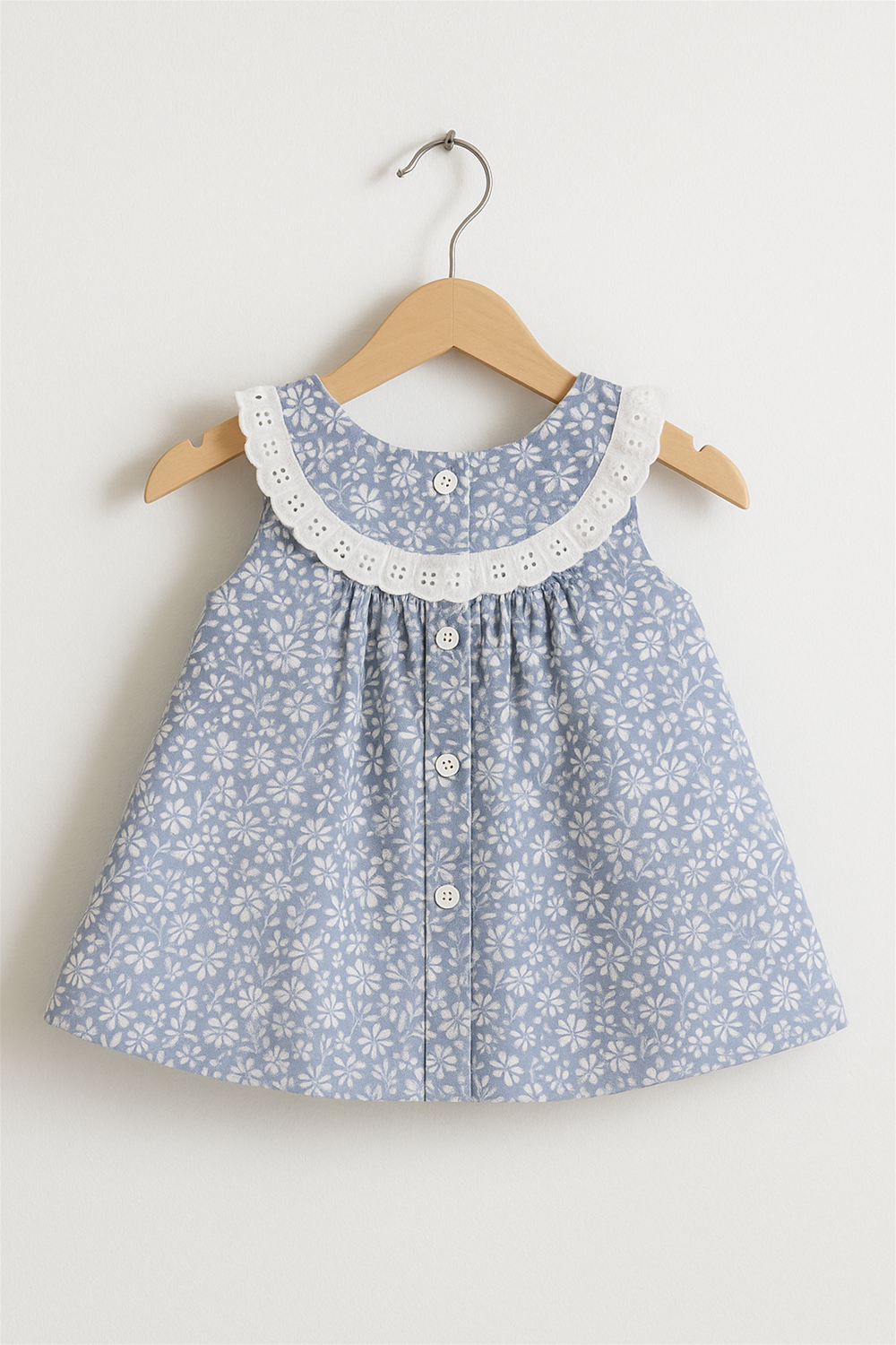 Back view of blue floral baby dress on wooden hanger, showing white lace collar and button-down closure, on white background.