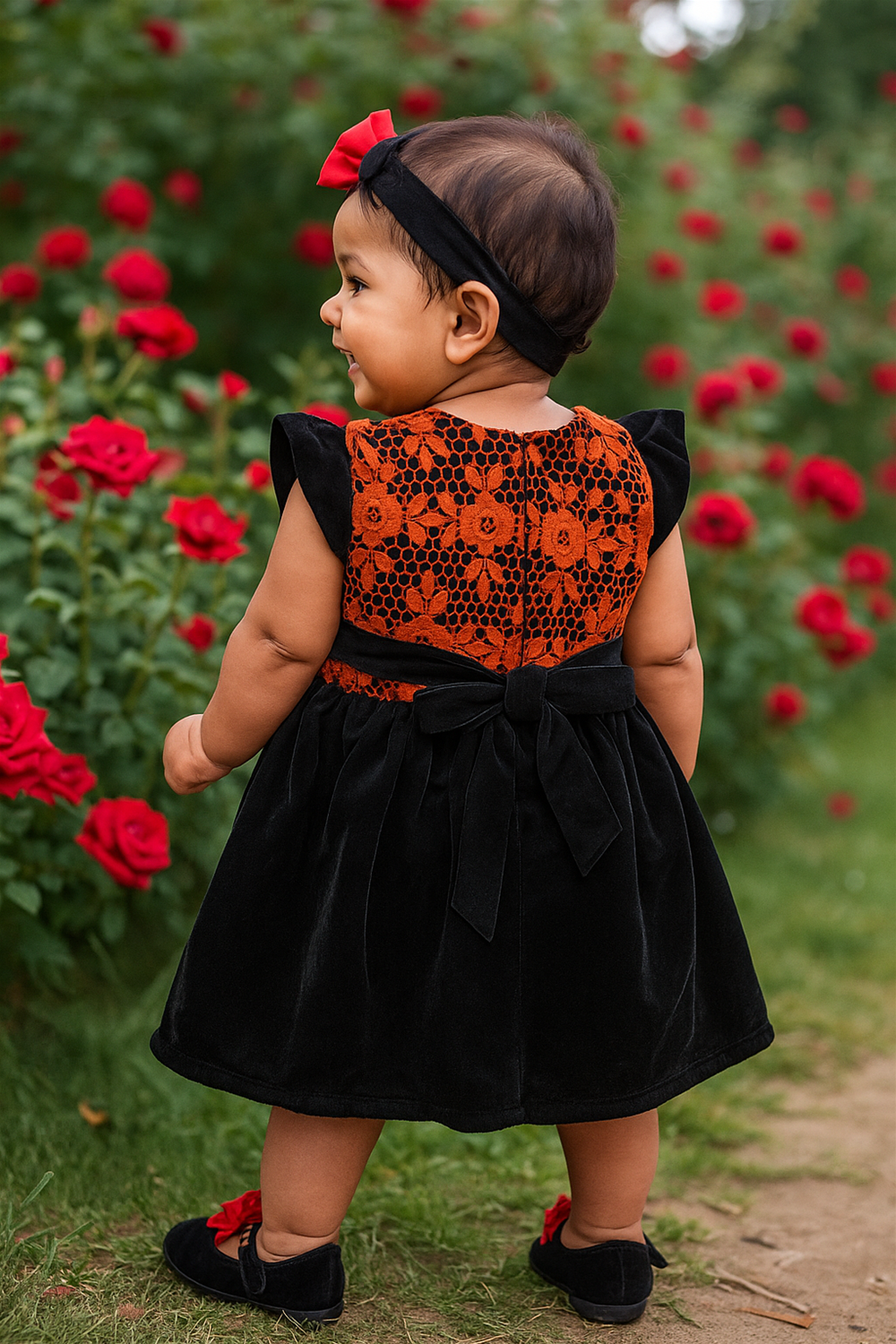 Its the back view of the  red cut work dress with black velvet, smiling and standing in a red rose garden.
