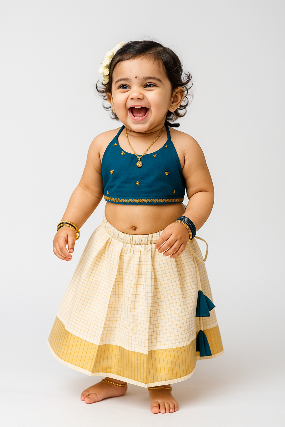 A cheerful baby girl in a festive outfit with a teal halter top and cream skirt smiles joyfully, showing her tiny gold jewelry and jasmine flowers in her hair. She stands barefoot against a white background, radiating innocence and charm.
