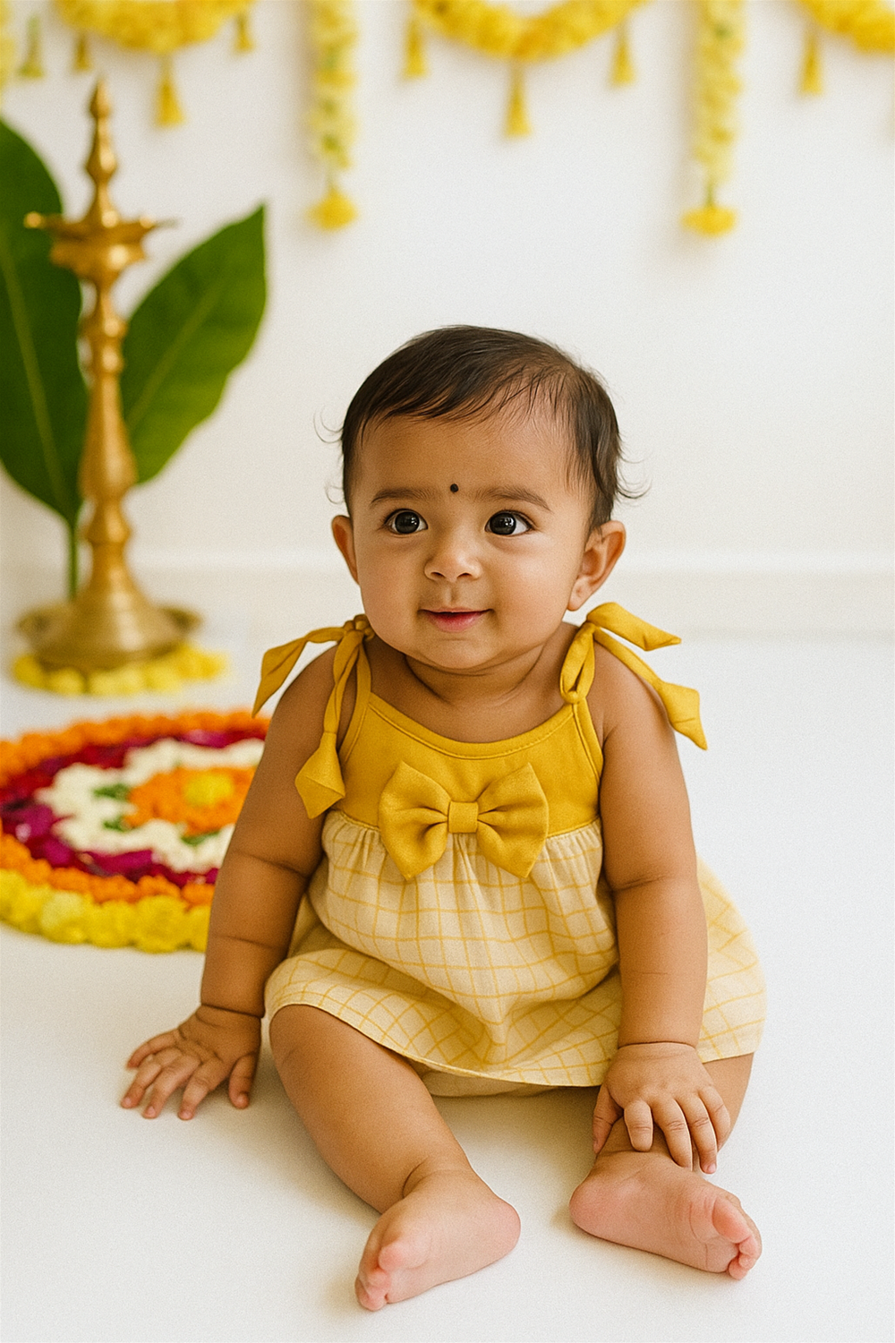 A cute baby is dressed in a yellow frock with bow details, sitting happily against a festive Onam backdrop. Behind her, a colorful pookalam and traditional décor highlight the celebration mood.