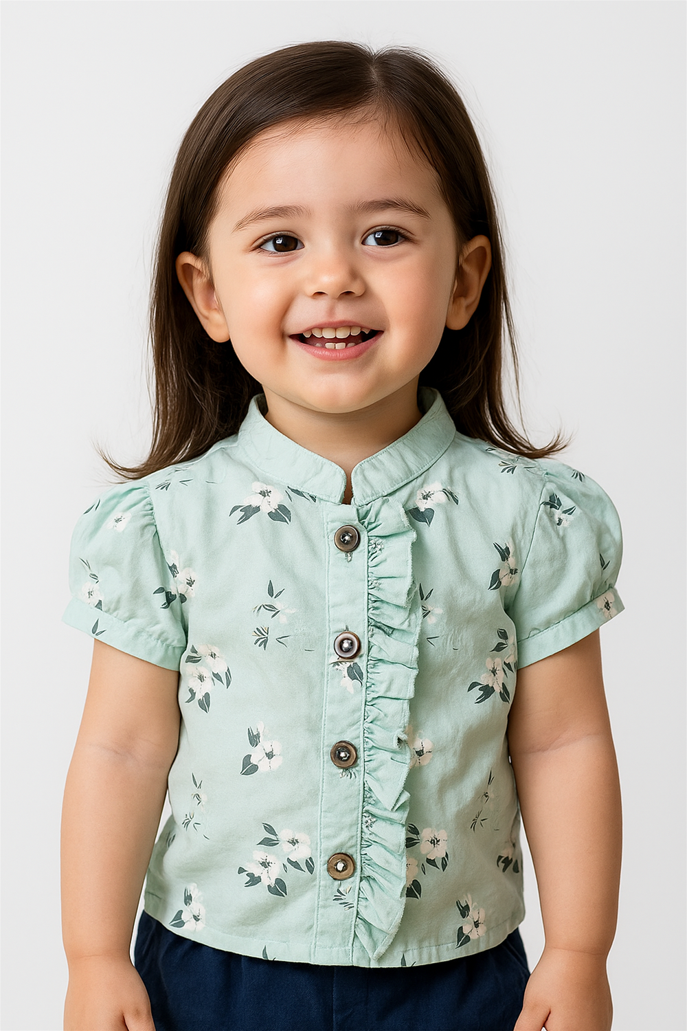 Smiling toddler girl modeling mint green floral Chinese collar top with puff sleeves and ruffle button placket, paired with jeans.