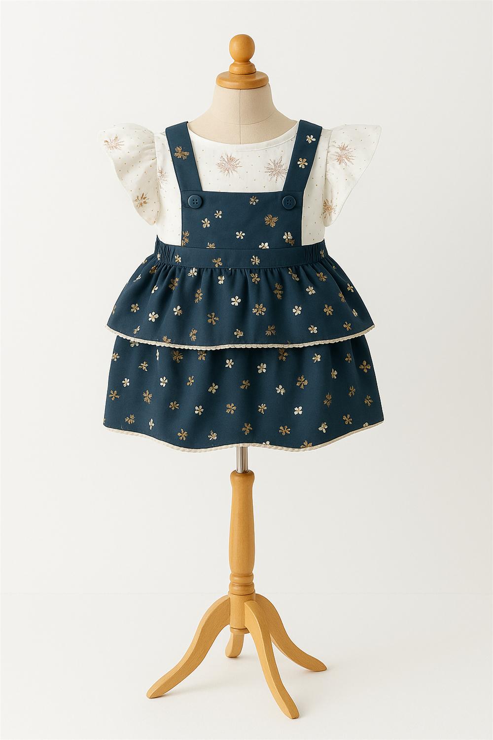  A baby girl's dress featuring a delicate white and blue floral print, perfect for spring or summer occasions.