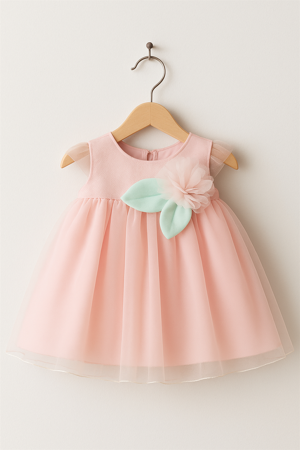A white baby frock with flutter sleeves, delicate tulle layers, and a pink flower with green leaves, hanging on a wooden hanger.