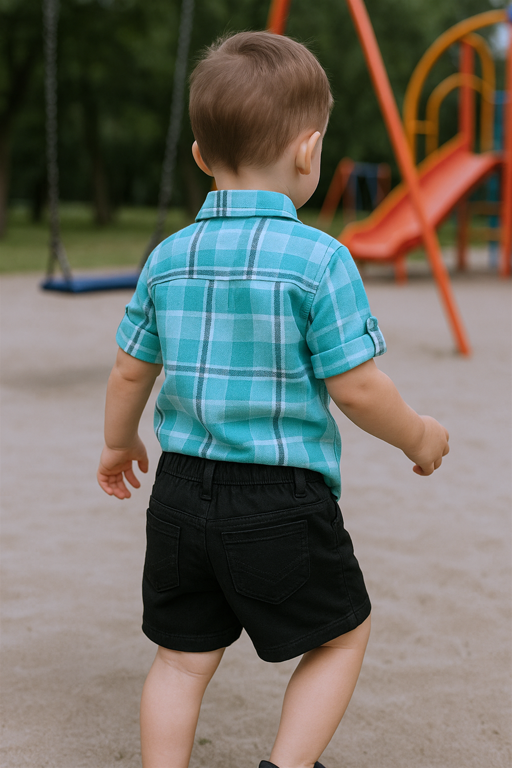 Toddler boy walking at playground wearing teal plaid shirt and black shorts, captured from back with swings and slide visible.