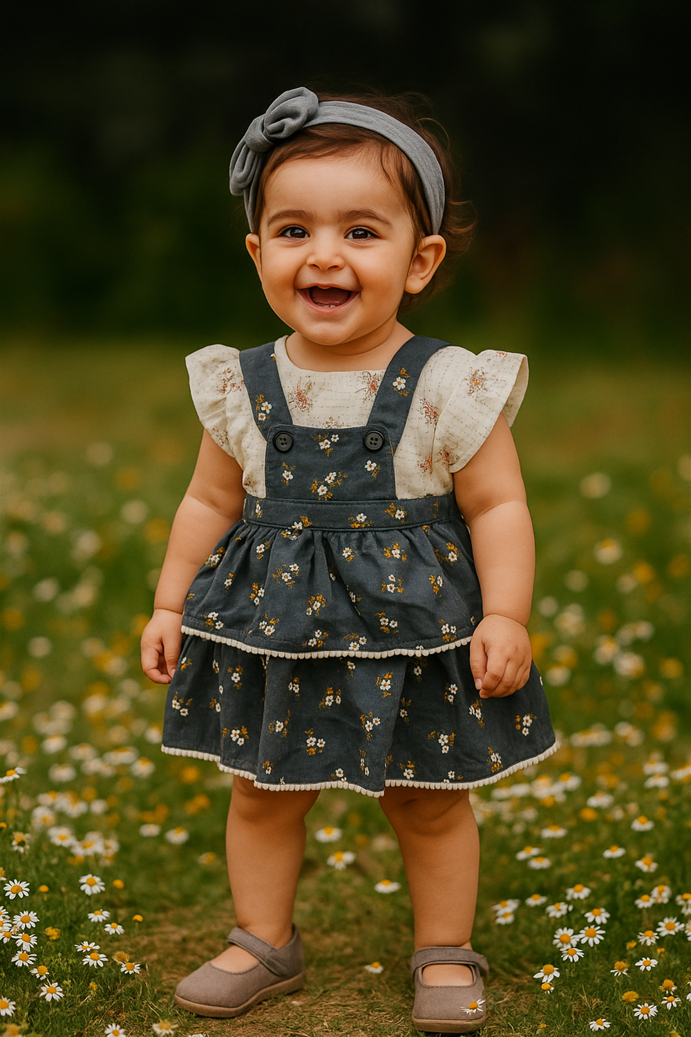 A baby girl in a Dark Grey floral dress and matching headband smiles brightly at the camera, exuding joy and innocence.