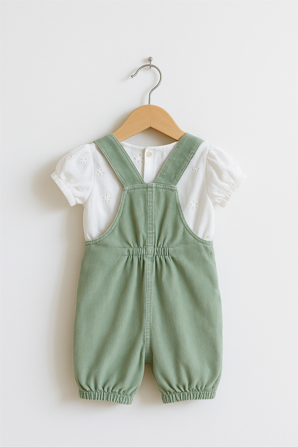 A baby green corduroy romper with elasticized leg openings and white eyelet puff-sleeve top, displayed on a wooden hanger against a plain white wall. The romper features crossed straps and an elastic waistband at the back for a comfortable fit.