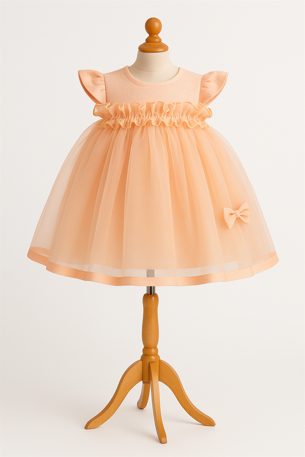 A baby girl's dress featuring Peach tulle and a matching bow, perfect for special occasions or playful outings.