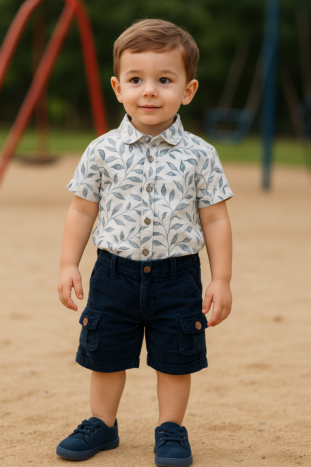 A toddler boy wearing a stylish half-sleeve club collar shirt with a leafy print, paired with navy blue cargo shorts. Captured in a playground setting, the outfit blends comfort and charm for everyday play.