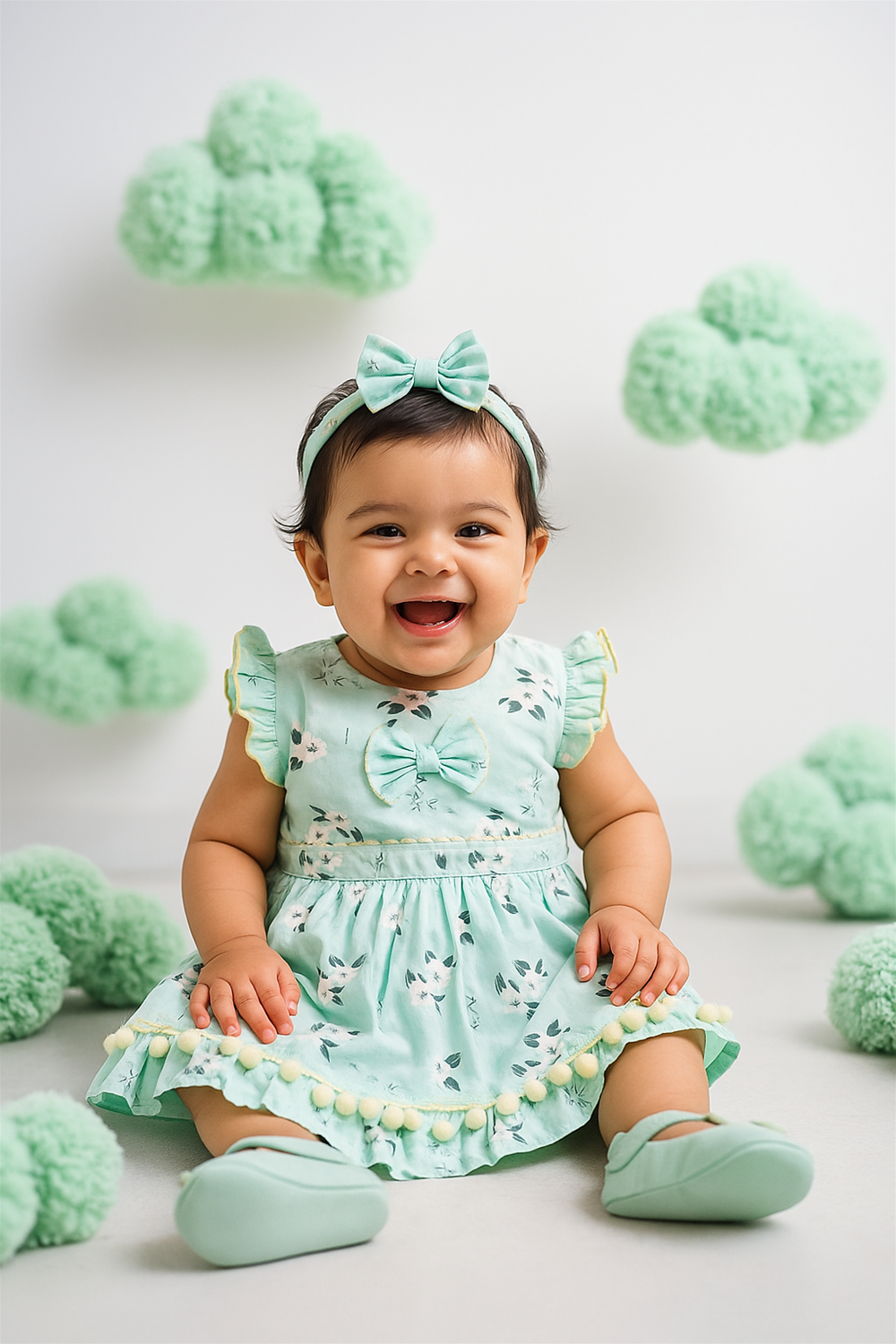 A cheerful baby girl sits on green turf in a mint green floral dress with yellow pom-pom trim. She is styled with matching shoes and a bow headband, surrounded by fluffy cloud decor.