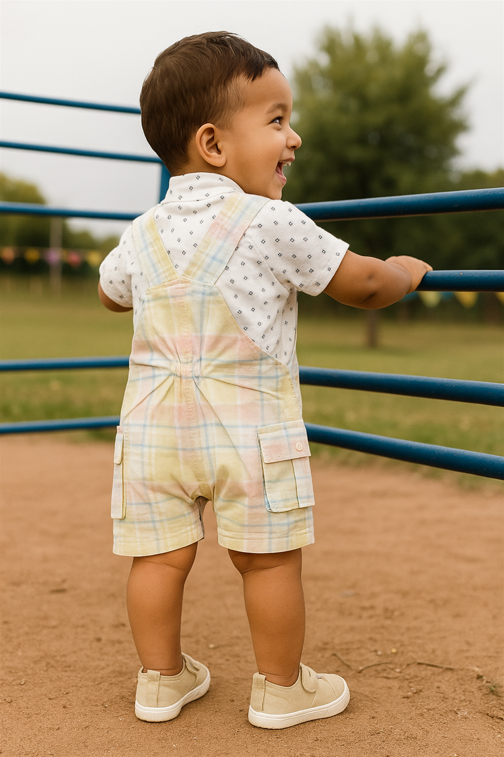 A young boy wearing pastel check dungaree stands on a playground, a back side view. surrounded by colorful play equipment and grass.