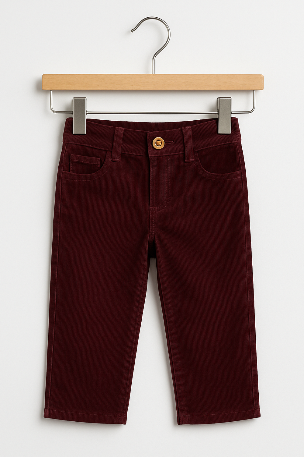 Maroon corduroy boys' full-length pants displayed on a wooden hanger against a white background. The pants feature front scoop pockets, a coin pocket, a waistband with belt loops, and a brown button closure at the center. The design is simple, classic, and neatly presented for product showcasing.