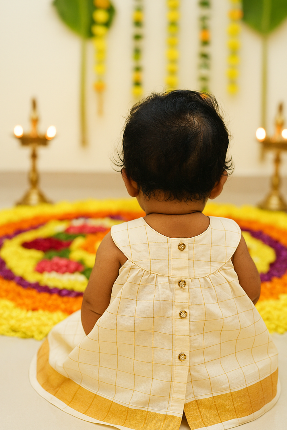 A baby seen from behind, wearing a cream and gold checked festive dress with button details, sitting before a colorful floral rangoli. Brass lamps and hanging floral garlands complete the vibrant Onam festival setting.