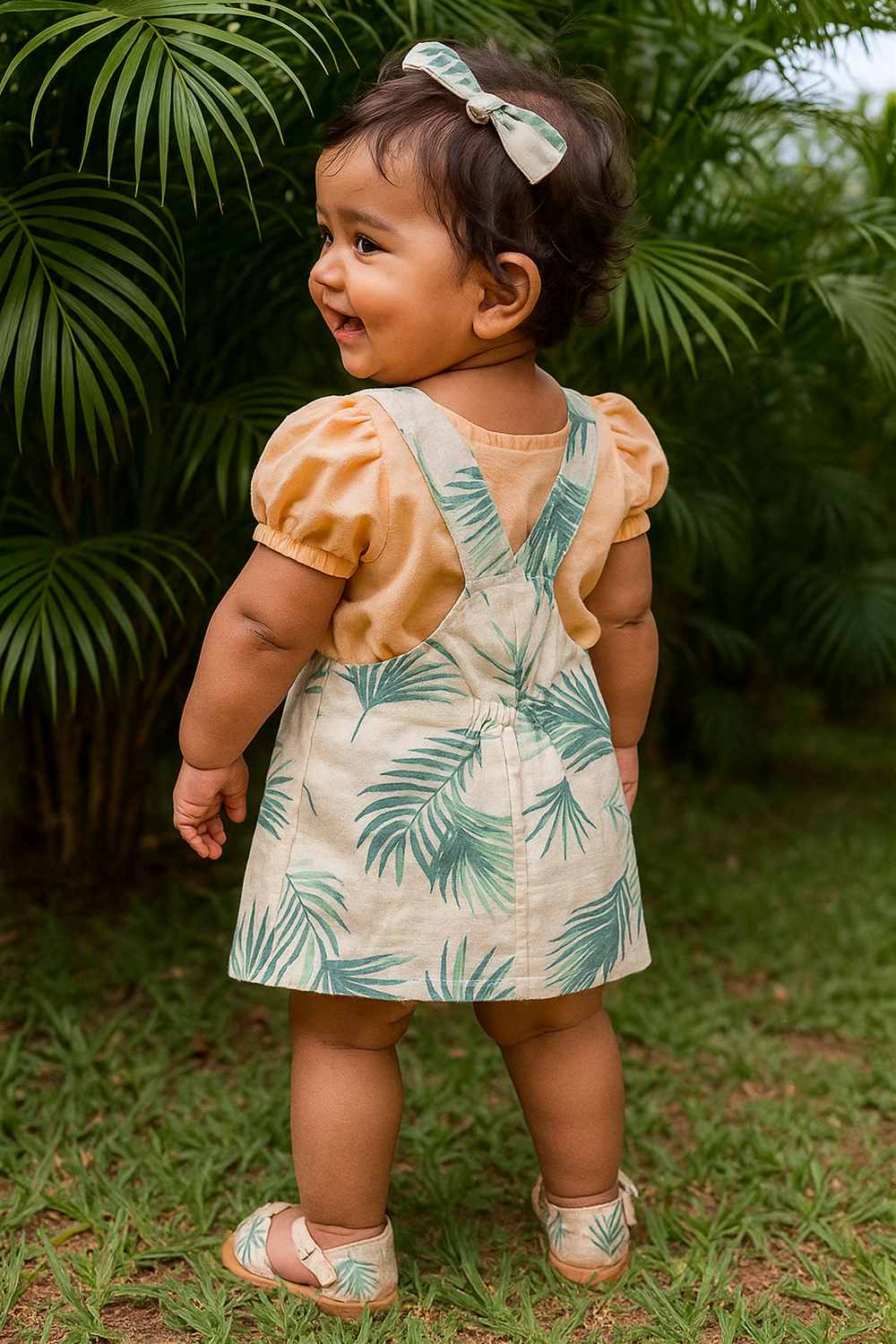 A smiling baby girl stands among lush greenery, wearing a tropical-print beige pinafore dress with crisscross straps and a peach puff-sleeve top. Her outfit is accented with a matching bow hair clip and coordinated palm-print sandals, exuding a fresh, playful jungle vibe.