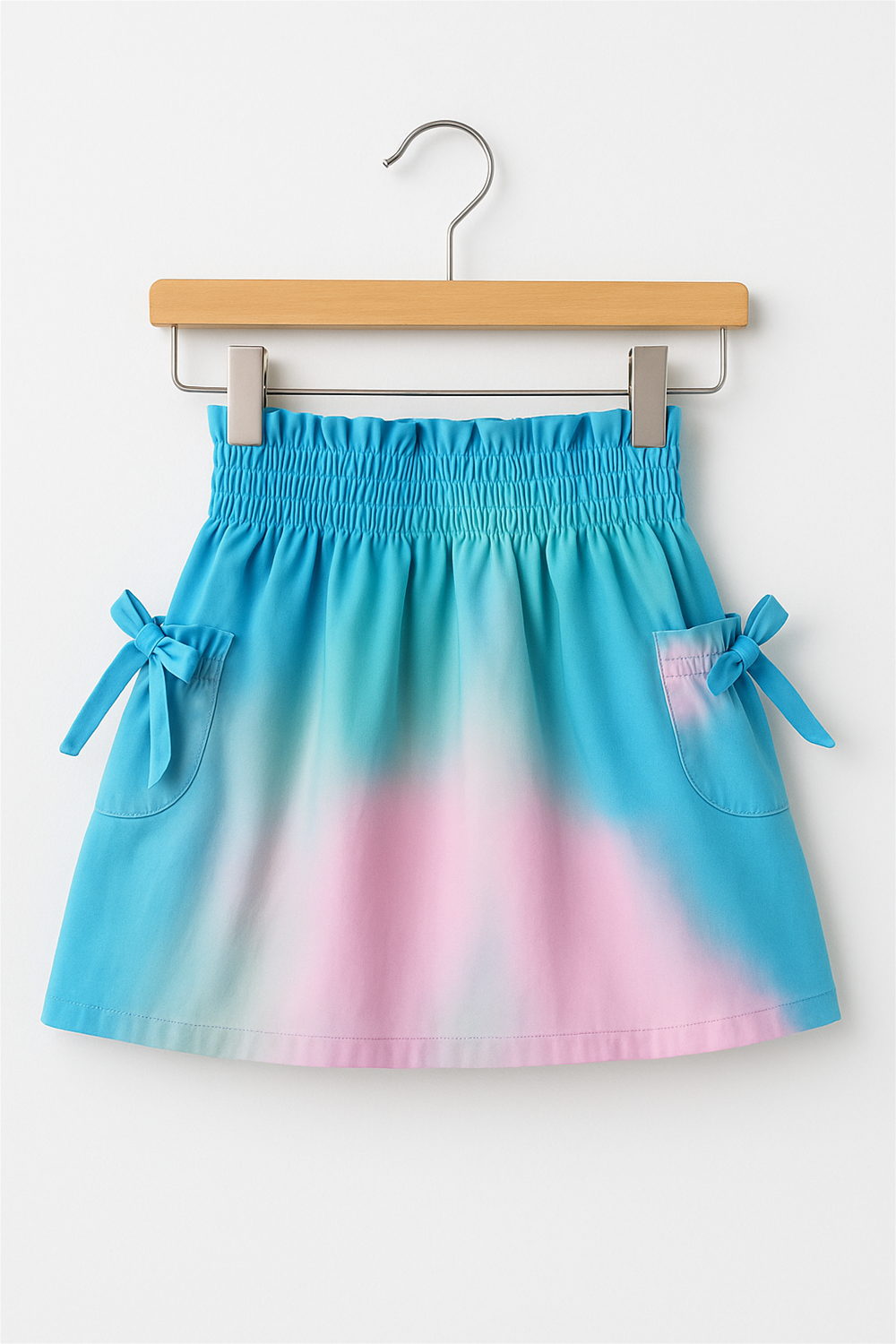Bright ombre or unicorn skirt in blue, green, and pink gradient with elastic waist and bow-tied side pockets, displayed on hanger.