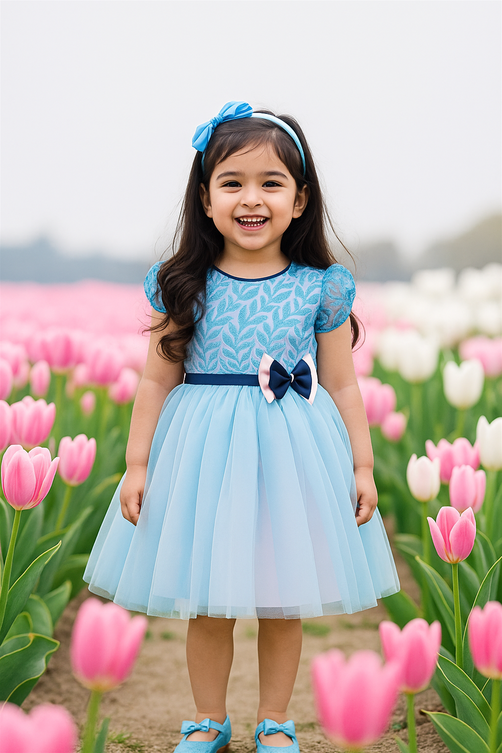 Smiling little girl in a blue lace and tulle dress standing amidst pink tulips, wearing matching headband and shoes.