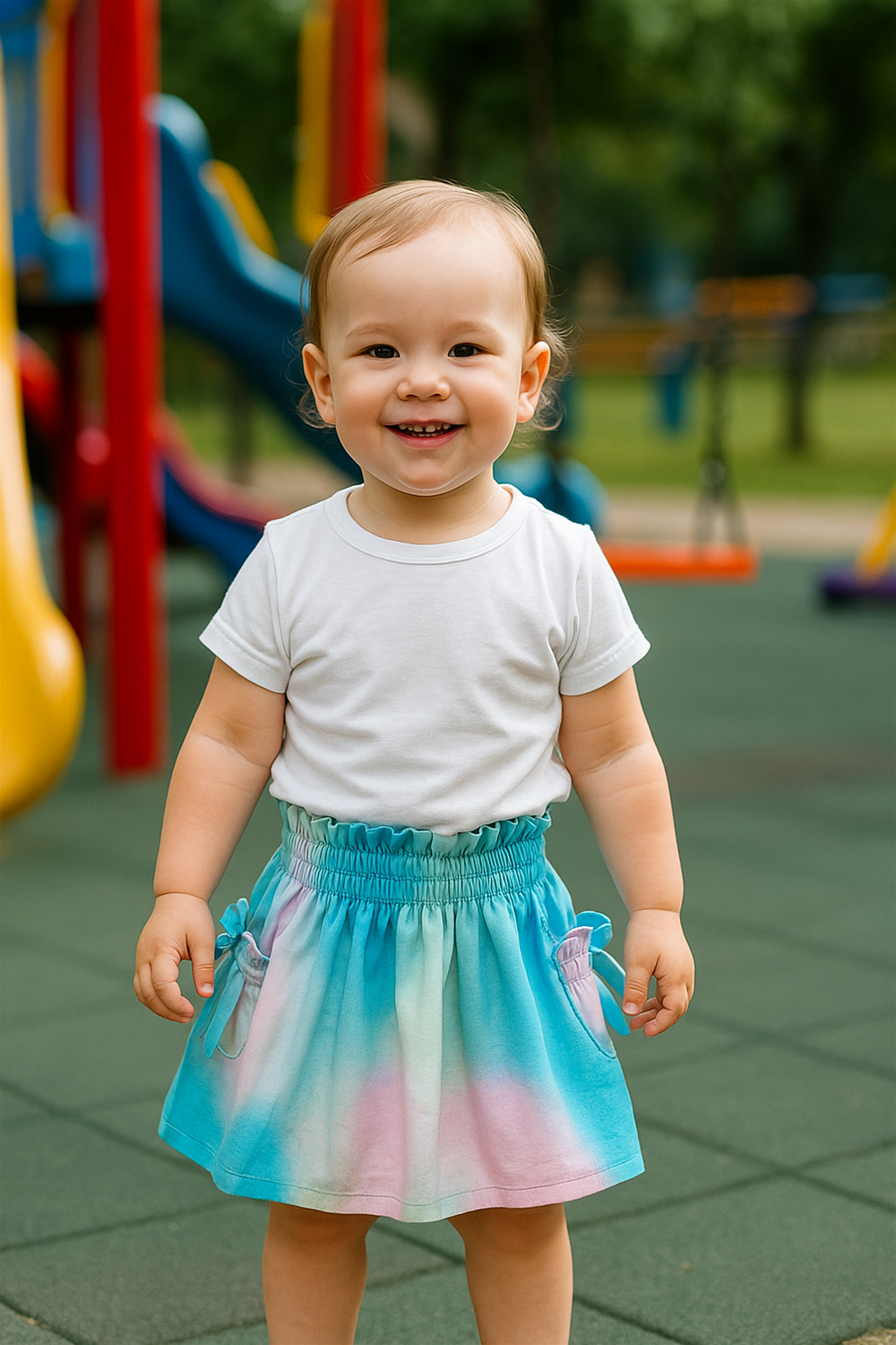 Cheerful toddler boy at playground wearing white t-shirt and ombre skirt with pocket bows, smiling brightly against colorful play equipment.