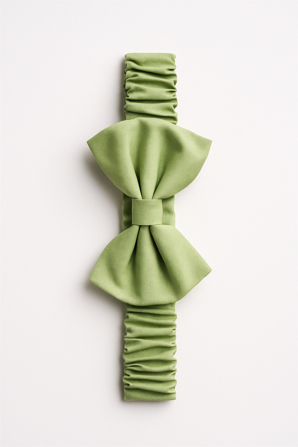 A light green elastic headband featuring a large, neatly tied bow at the center. The headband has a ruched, stretchable band design, providing both comfort and a secure fit.