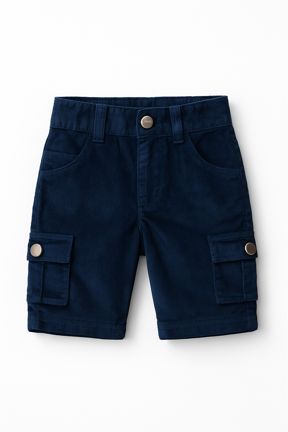 Navy blue corduroy boys' cargo shorts displayed flat on a white background. The shorts feature front scoop pockets, a button closure at the waist, belt loops, and flap cargo pockets with metallic button closures on both legs. The hems are clean and straight.