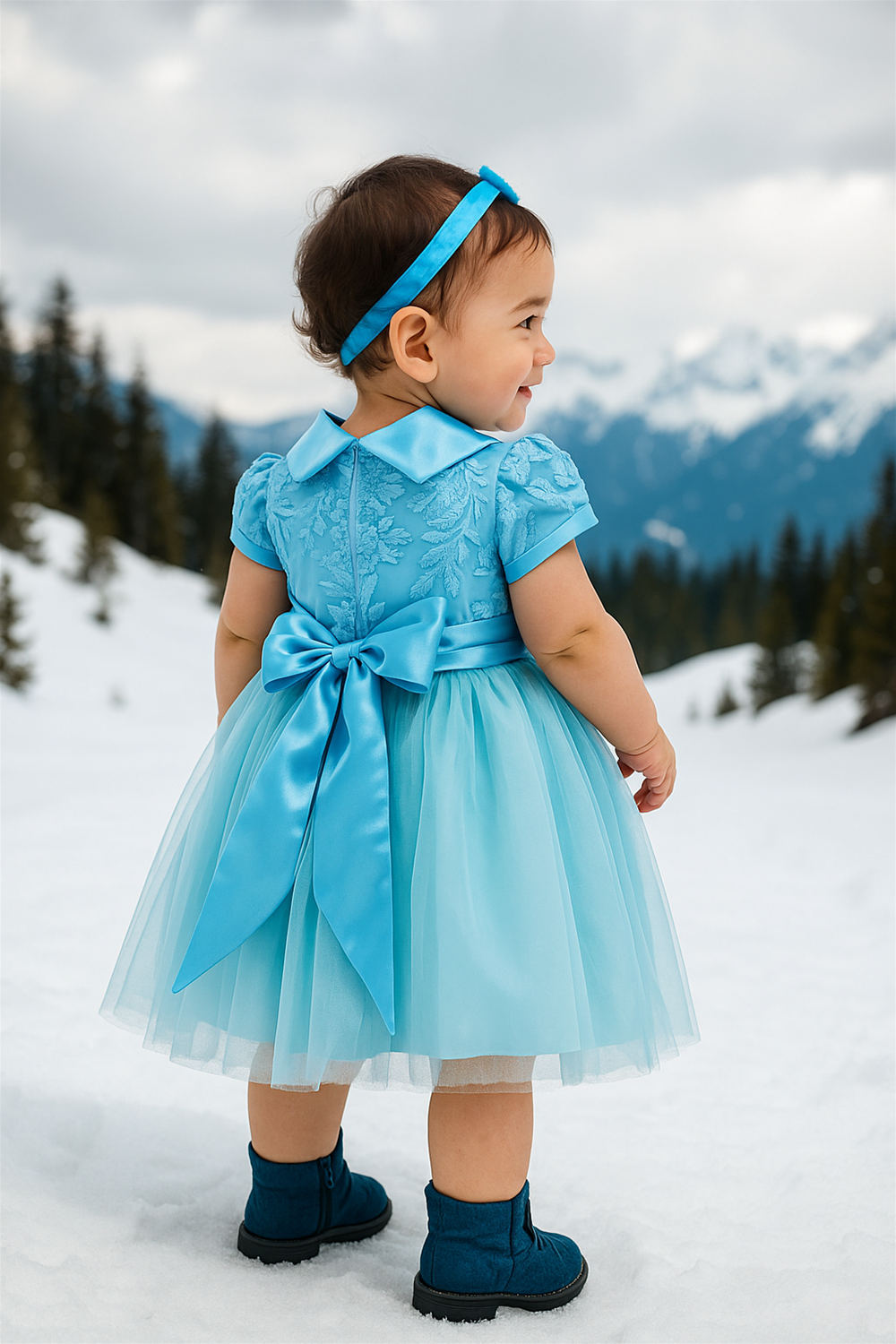 Baby girl in sky blue frock with satin bow and headband, standing happily in snowy mountain landscape wearing blue boots.