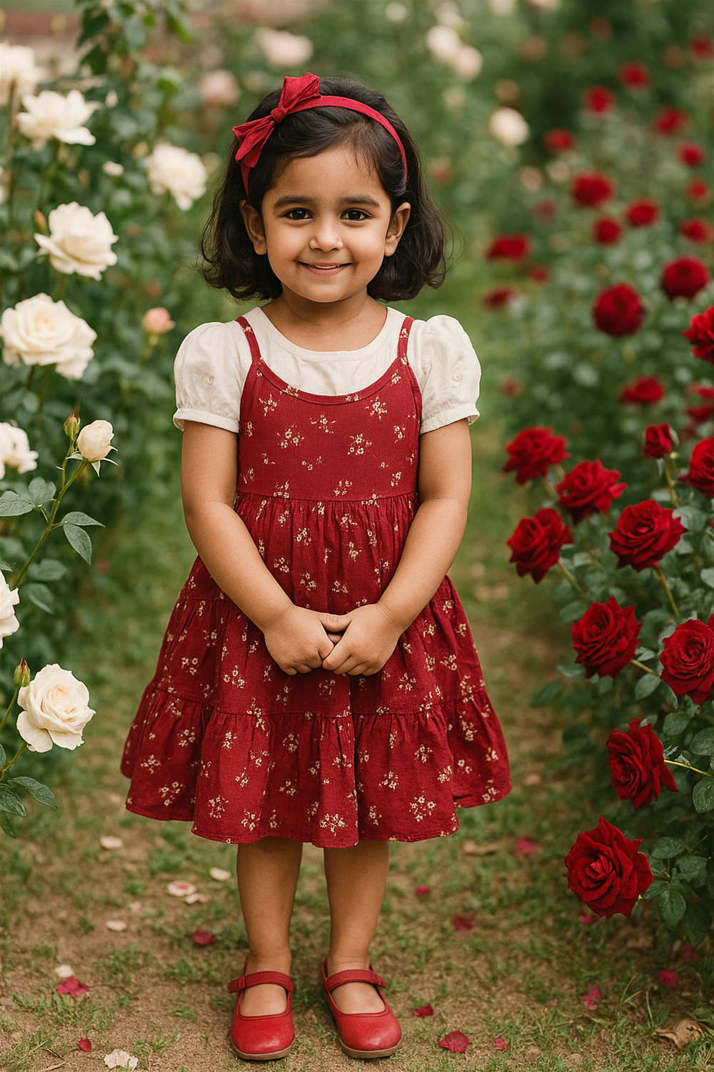 A cheerful little girl stands in a blooming rose garden, wearing a charming maroon floral tiered frock with matching shoes and a headband, radiating joy and elegance.