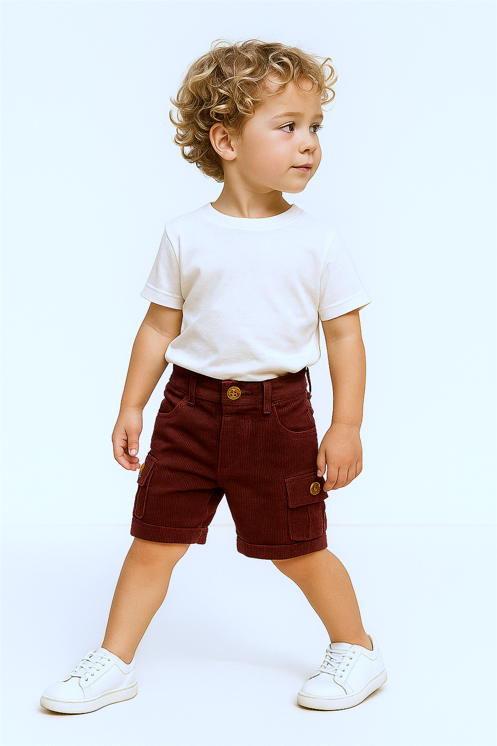 A stylish young boy walking confidently in a studio setting, dressed in a beige t-shirt paired with maroon corduroy cargo shorts and brown-and-beige velcro sneakers. The shorts feature buttoned side flap pockets, and the boy has neatly styled hair with a side part, giving a fashionable and composed look.