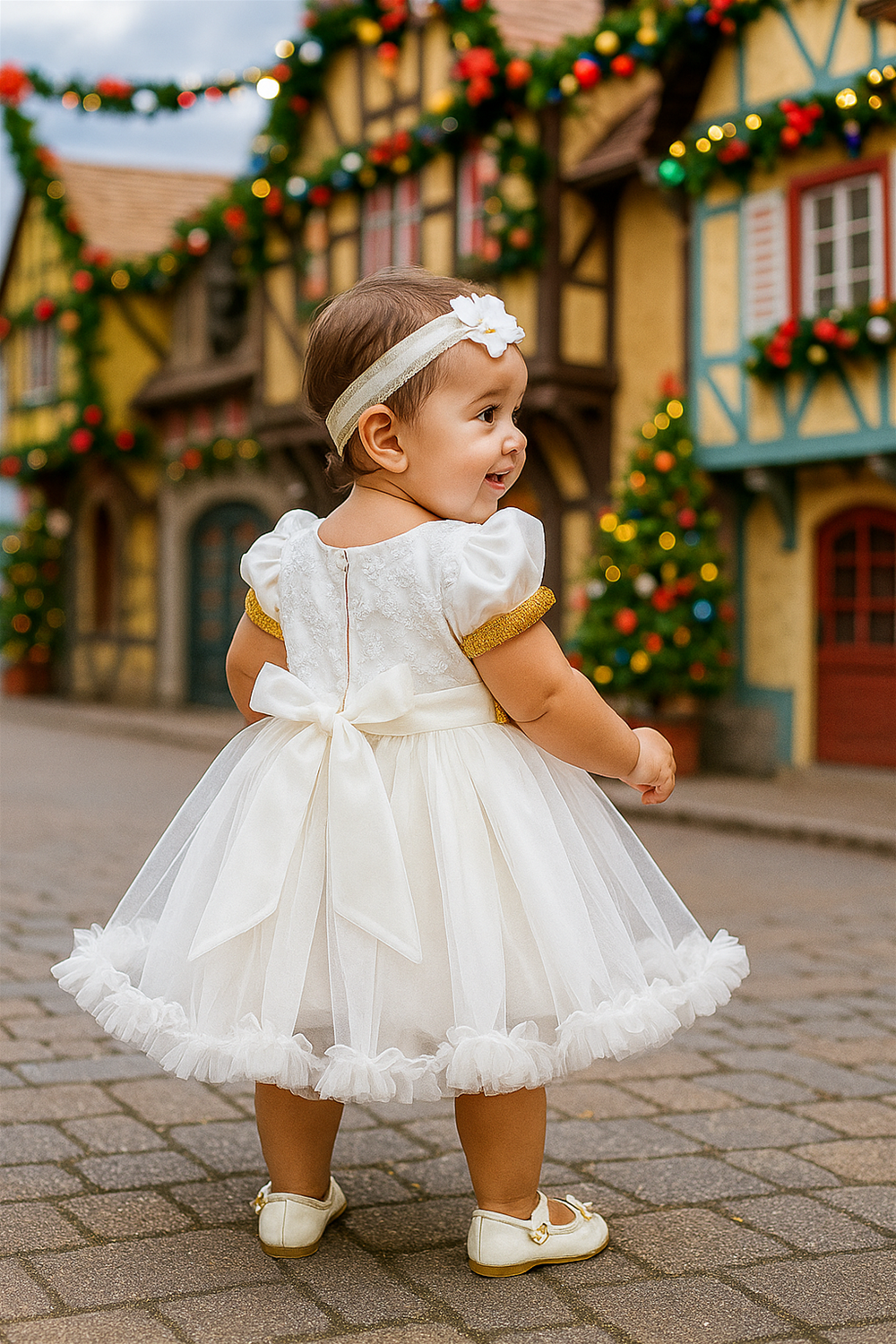 A baby wearing a festive white dress with a large bow walks down a decorated cobblestone street during Christmas.