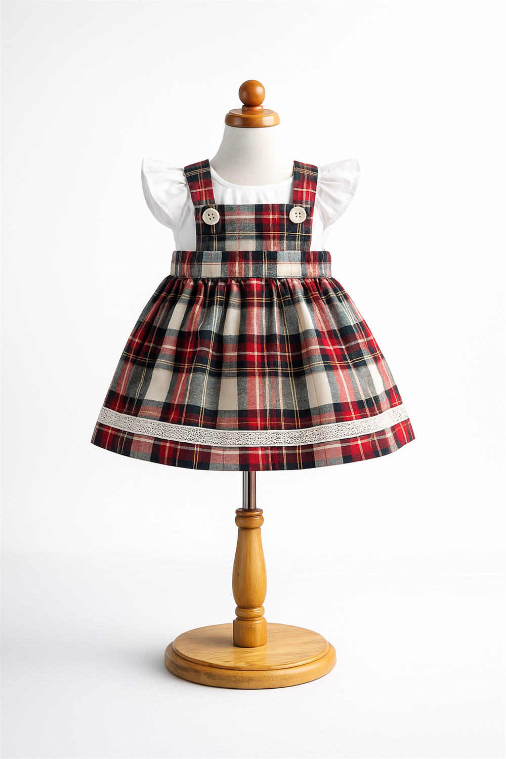 Baby girl tartan cotton frock displayed on mannequin, featuring red plaid skirt, white top, flutter sleeves, and classic festive design.