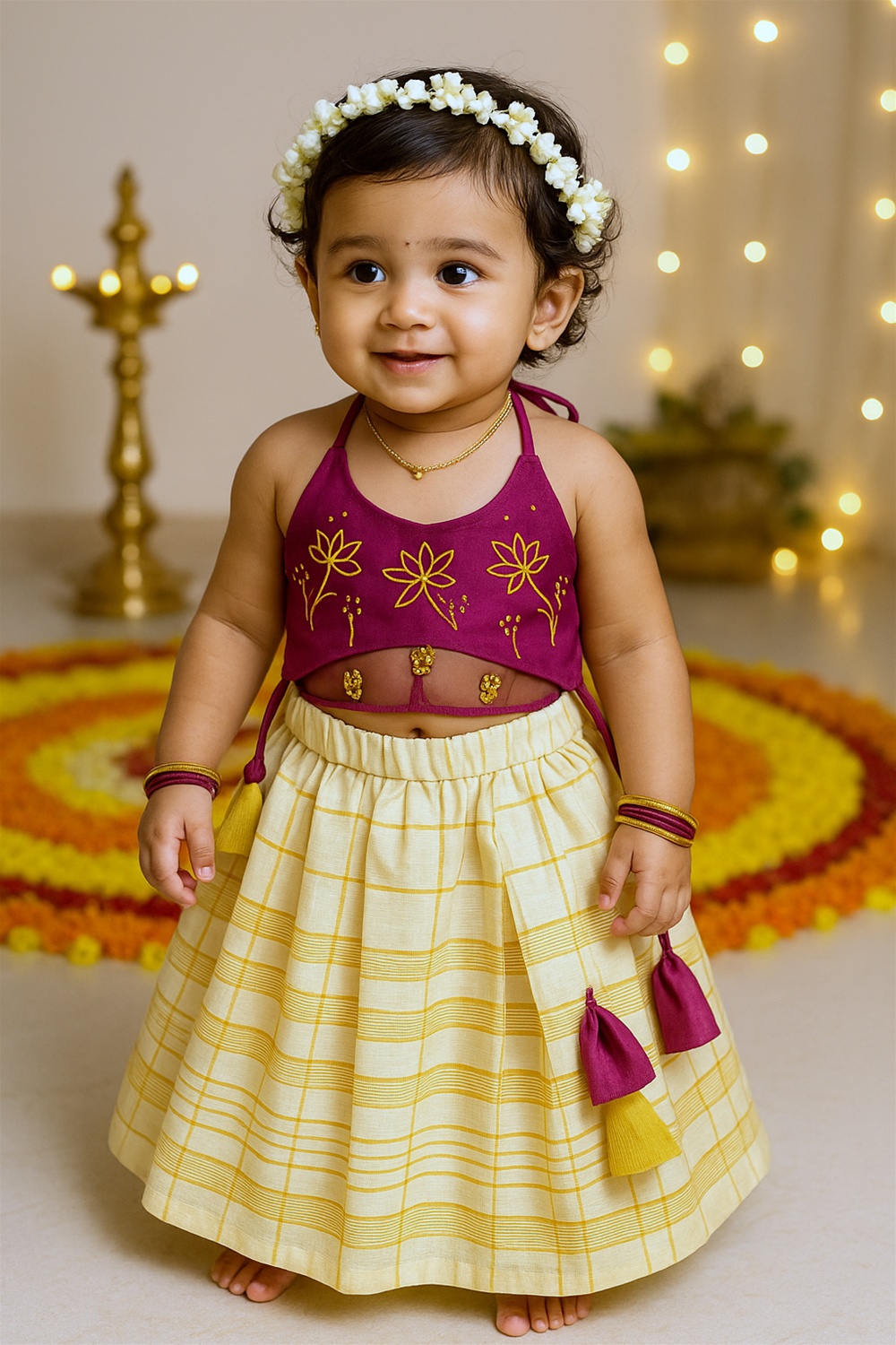 A baby girl dressed in a maroon embroidered halter top and yellow checked skirt with matching tassels, wearing jasmine garland.