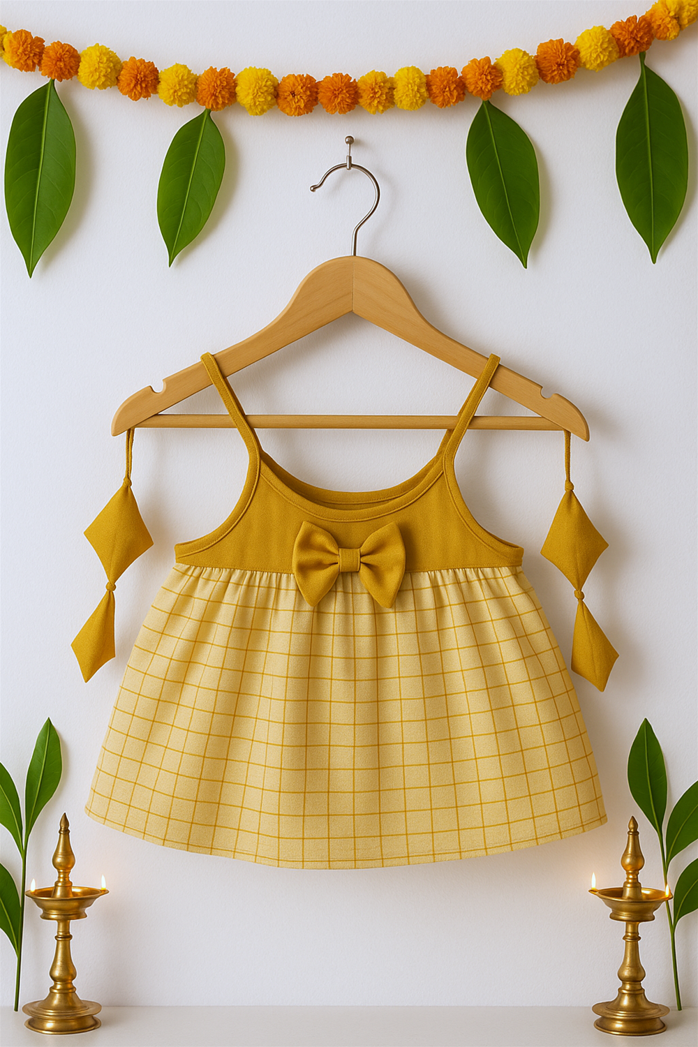 A yellow baby Onam dress with a mustard bodice, central bow, and checkered skirt is displayed on a hanger. The backdrop is decorated with marigold garlands, green leaves, and traditional brass lamps, enhancing its festive charm.